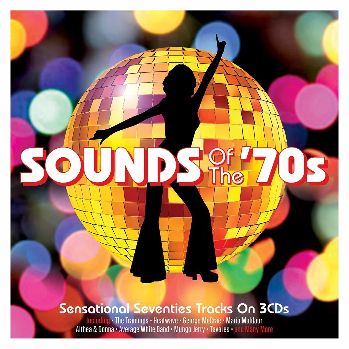 Sounds of the '70s albumhoes. Een discobal-silhouet met een vrouw. Kleurrijke bokeh-achtergrond.