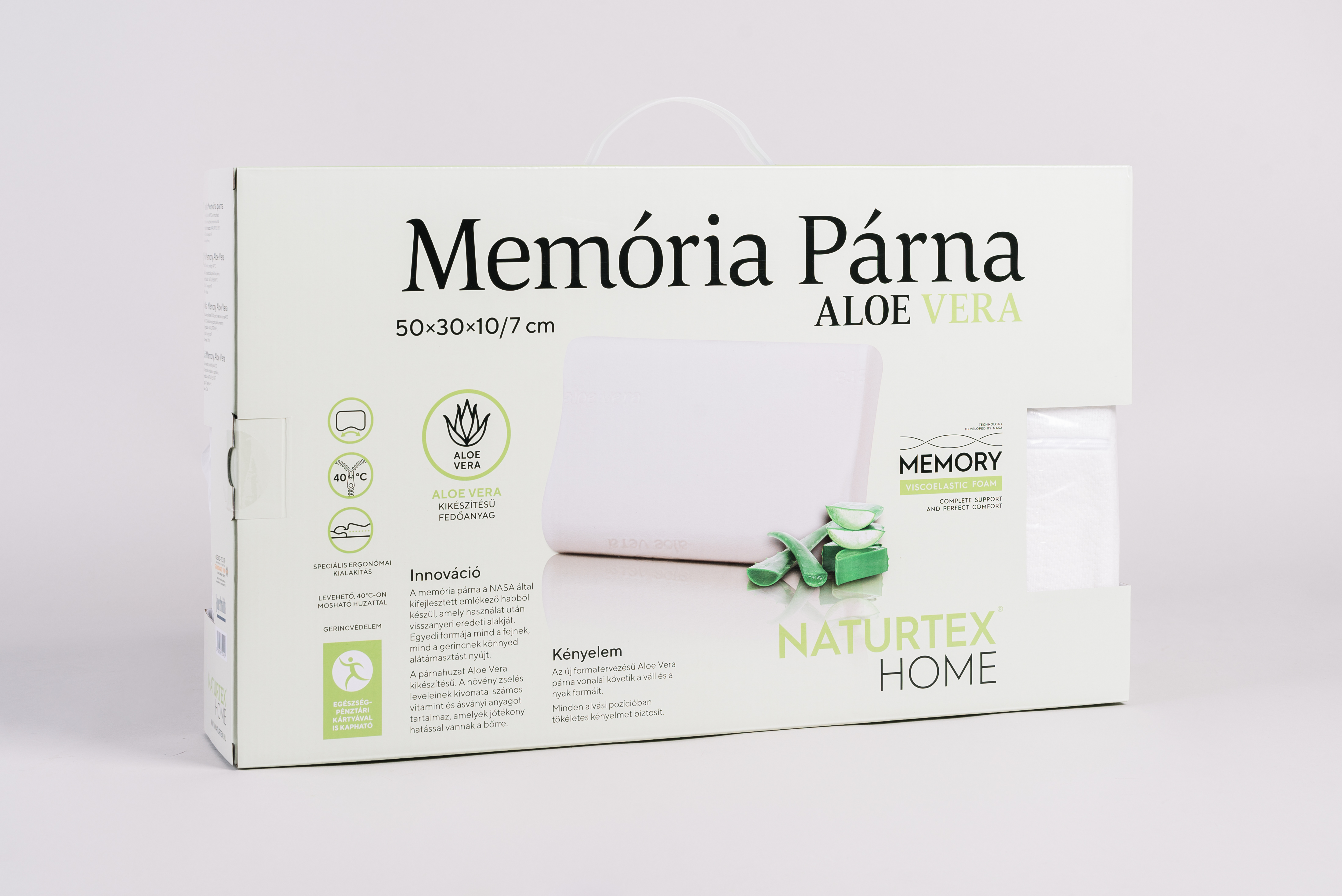 Egy doboz Memória Párna Aloe Vera párna. A dobozon egy párna és aloe vera képe van.