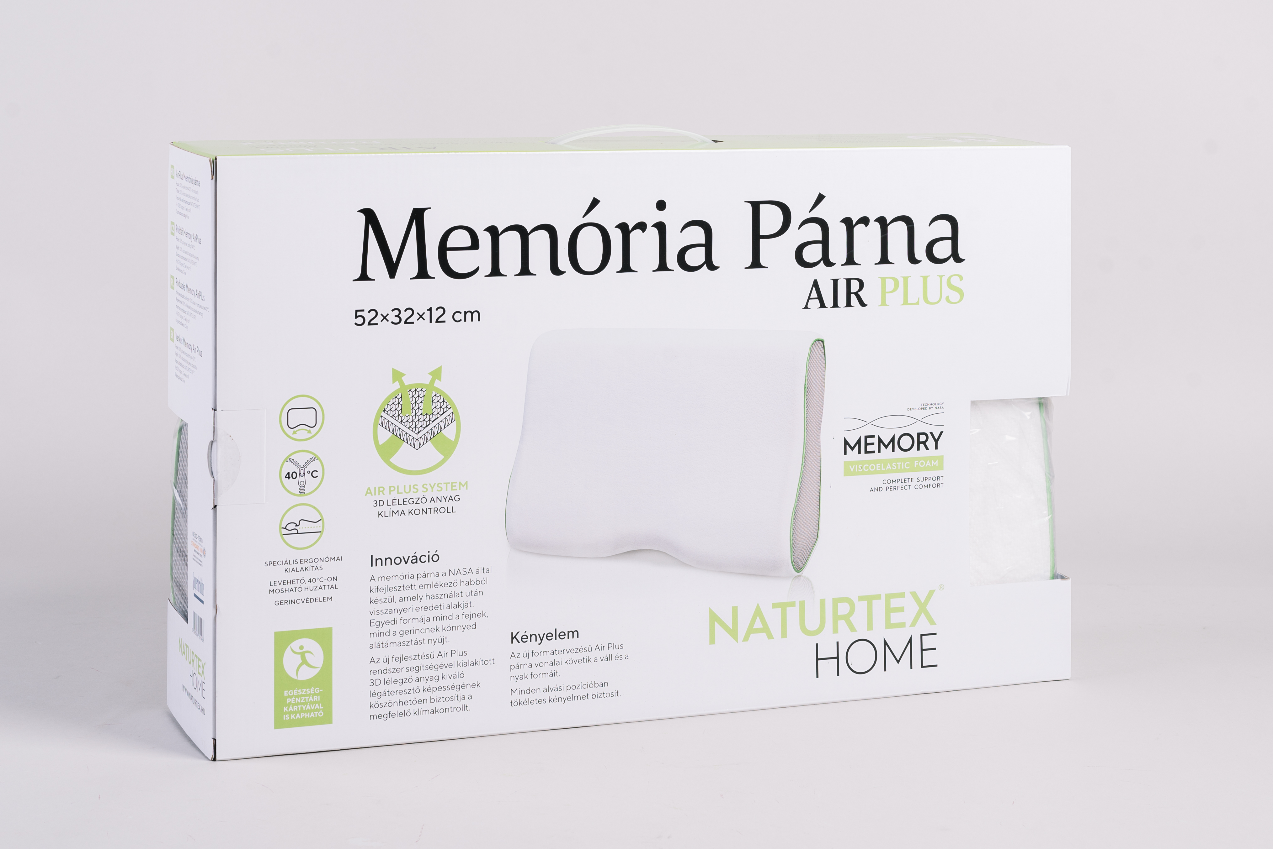 Párna doboz fehér párnával. A 'Memory Pillow' szöveg látható.