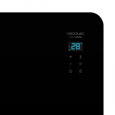 Electrodoméstico negro con pantalla digital que muestra 28°C y botones de control. La marca es Cecotec.