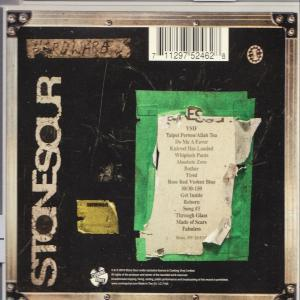 Rückseite eines Stone Sour-Albums mit Text und einem grünen Papierabschnitt mit einer Liste.