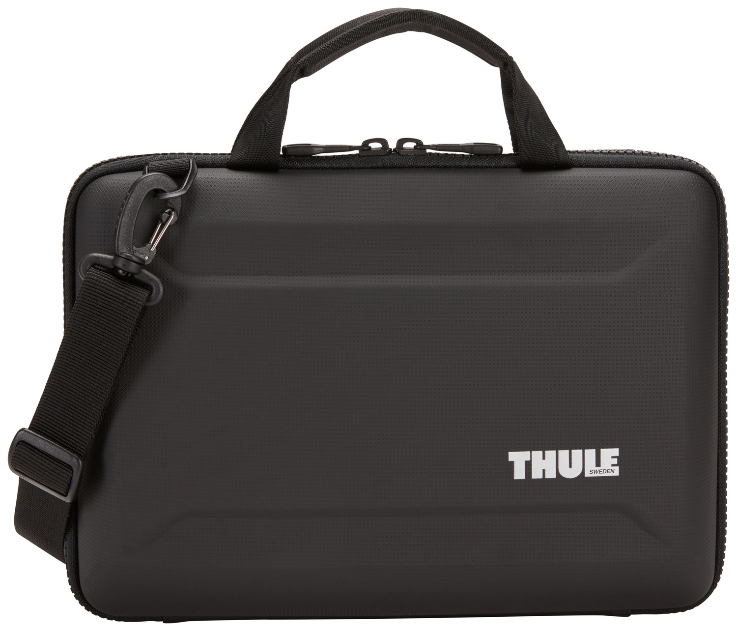 Bolsa negra para portátil con asa y bandolera, logo Thule en blanco.