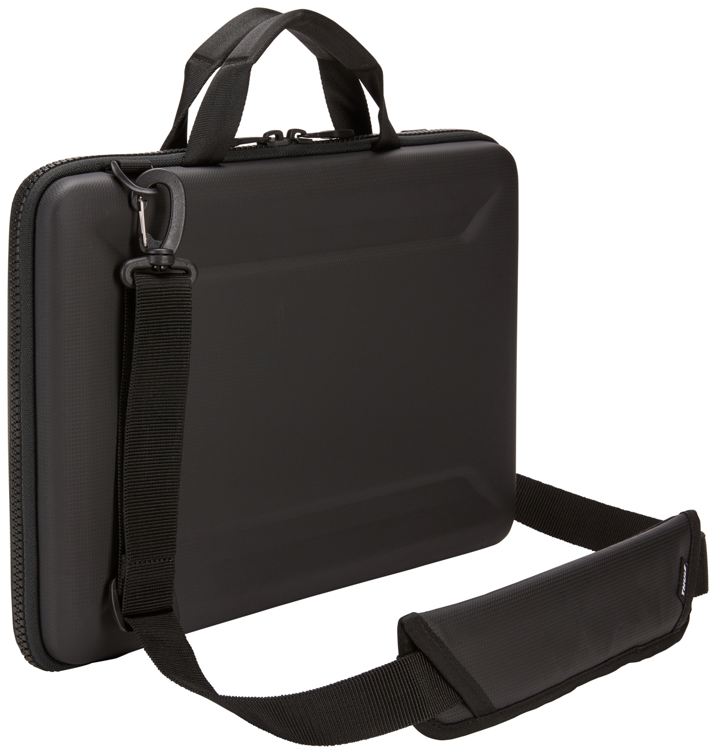 Bolsa para portátil negra con correa para el hombro y asa, sobre fondo blanco.