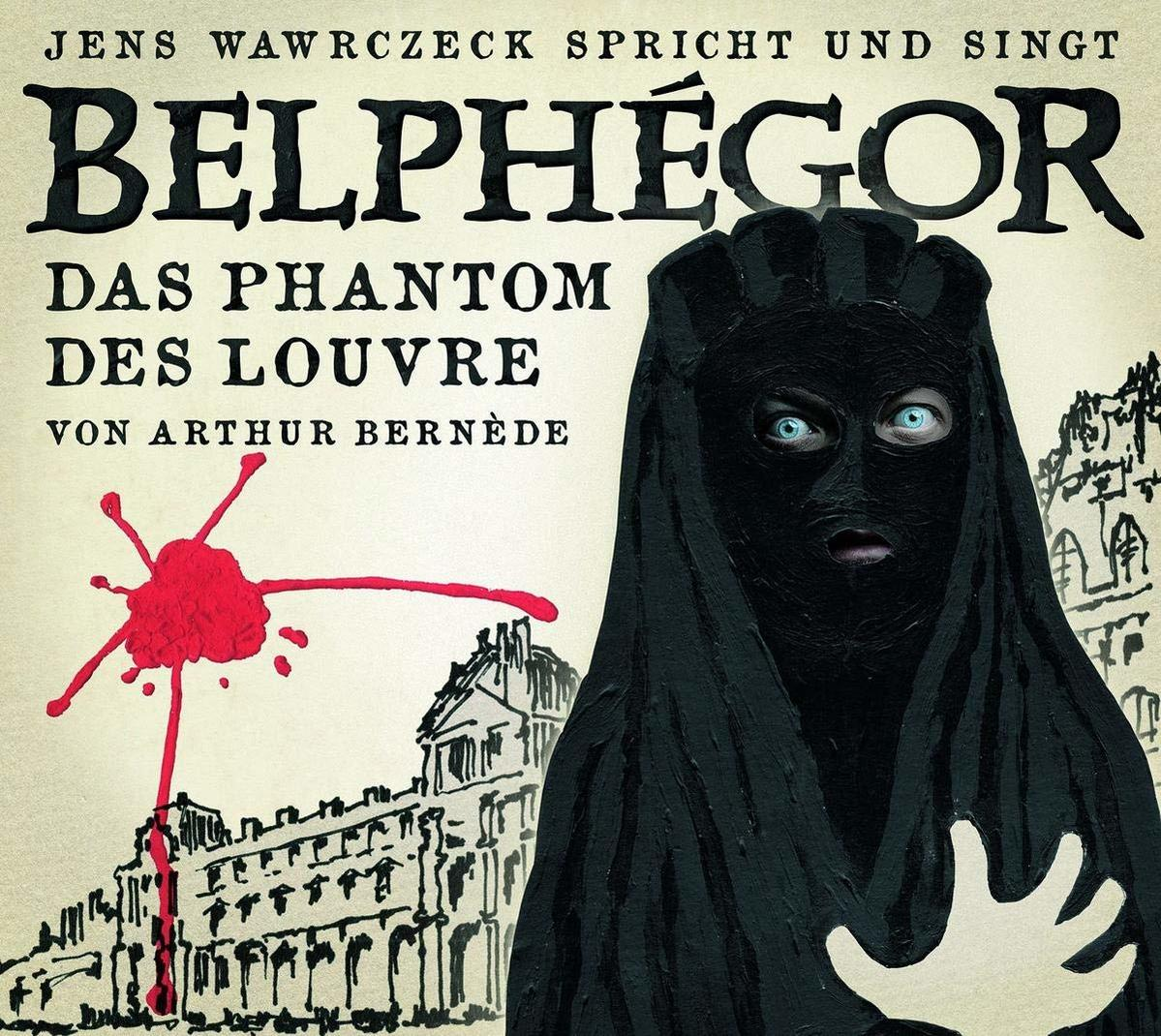 Albumcover: Figur in schwarzem Umhang, roter Fleck, Text auf der linken Seite.