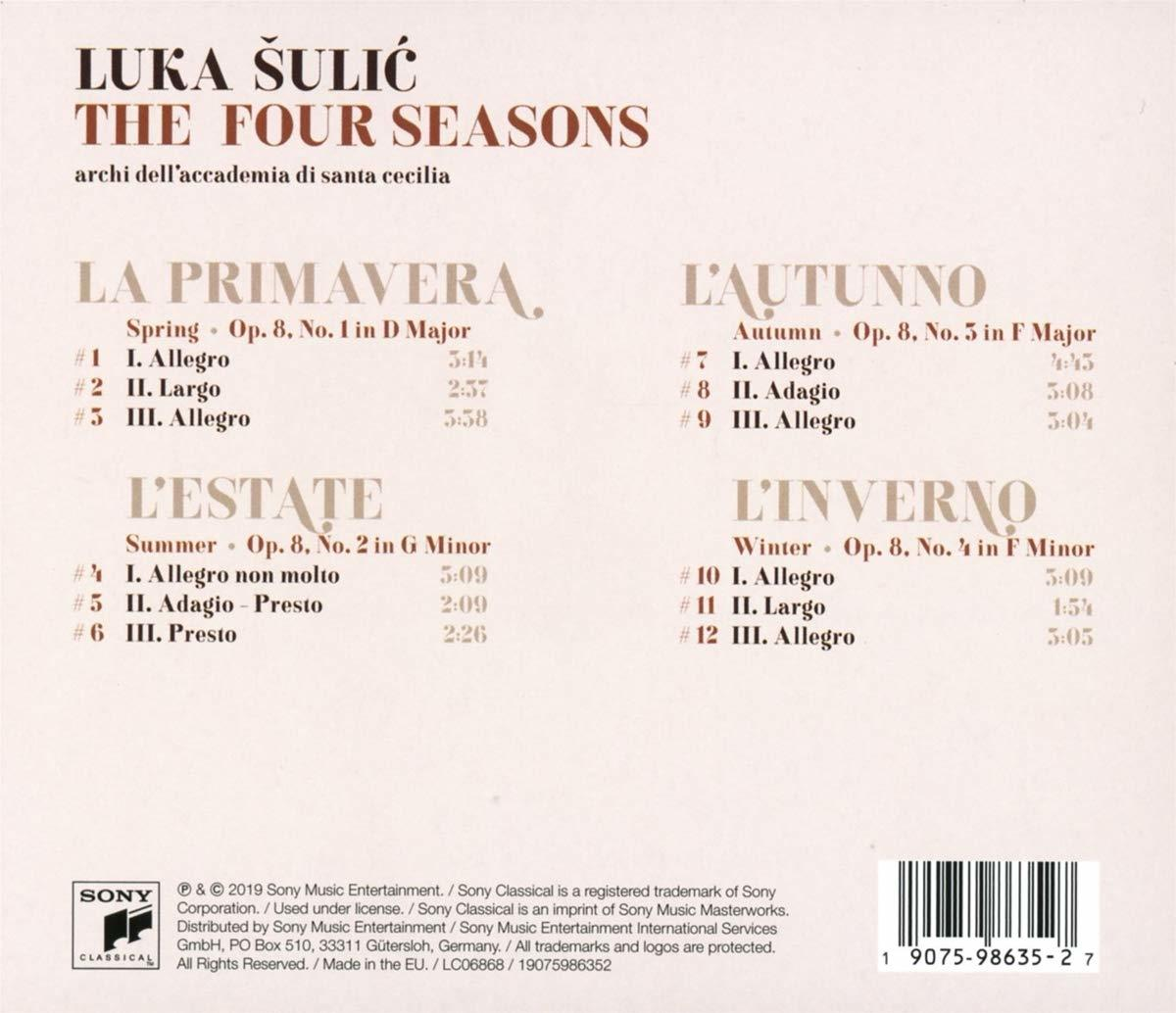 Rückseite einer CD-Hülle mit Text, der die Titel von "The Four Seasons" von Luka Sulic detailliert.