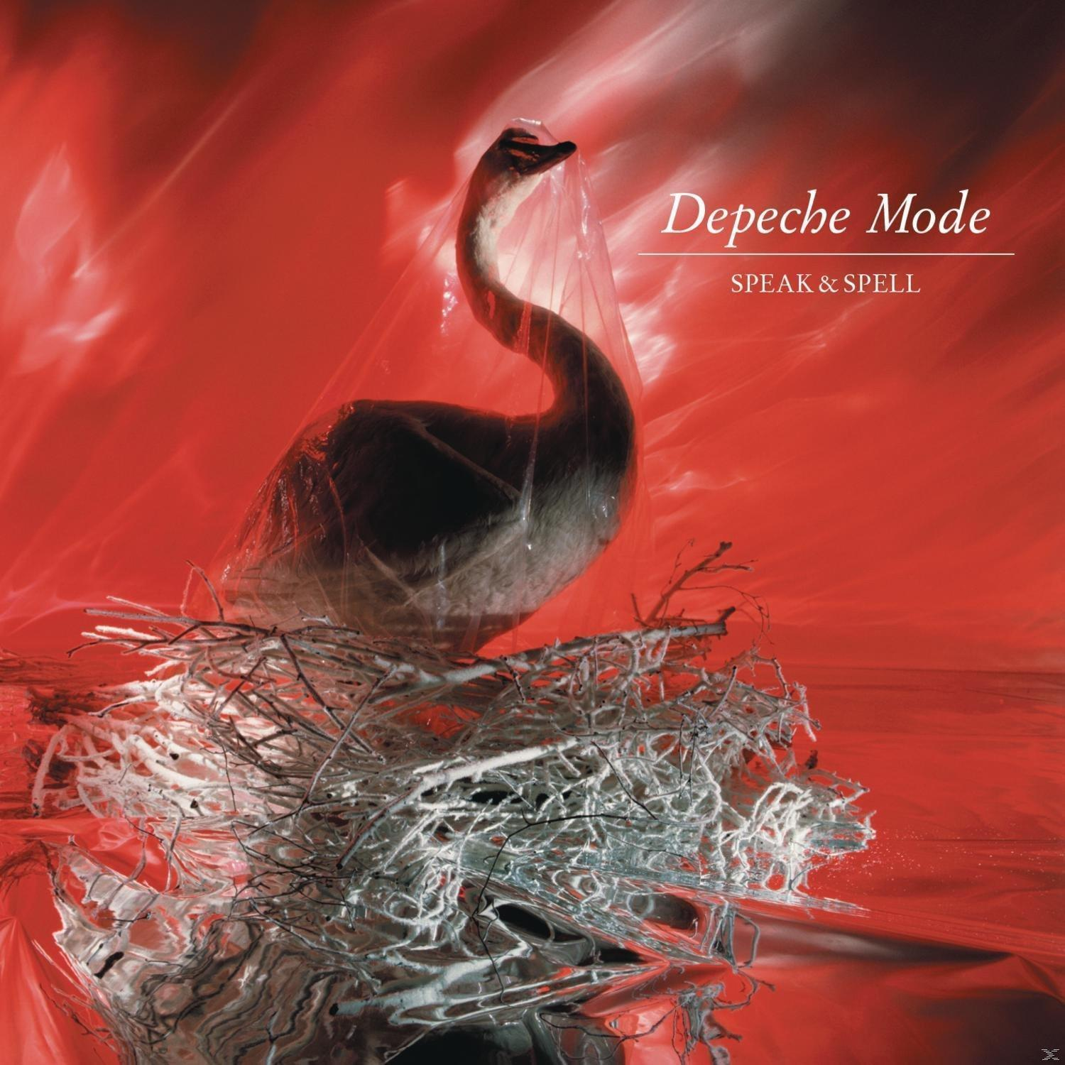 Ein Schwan in einer Plastiktüte auf rotem Hintergrund mit den Worten Depeche Mode.