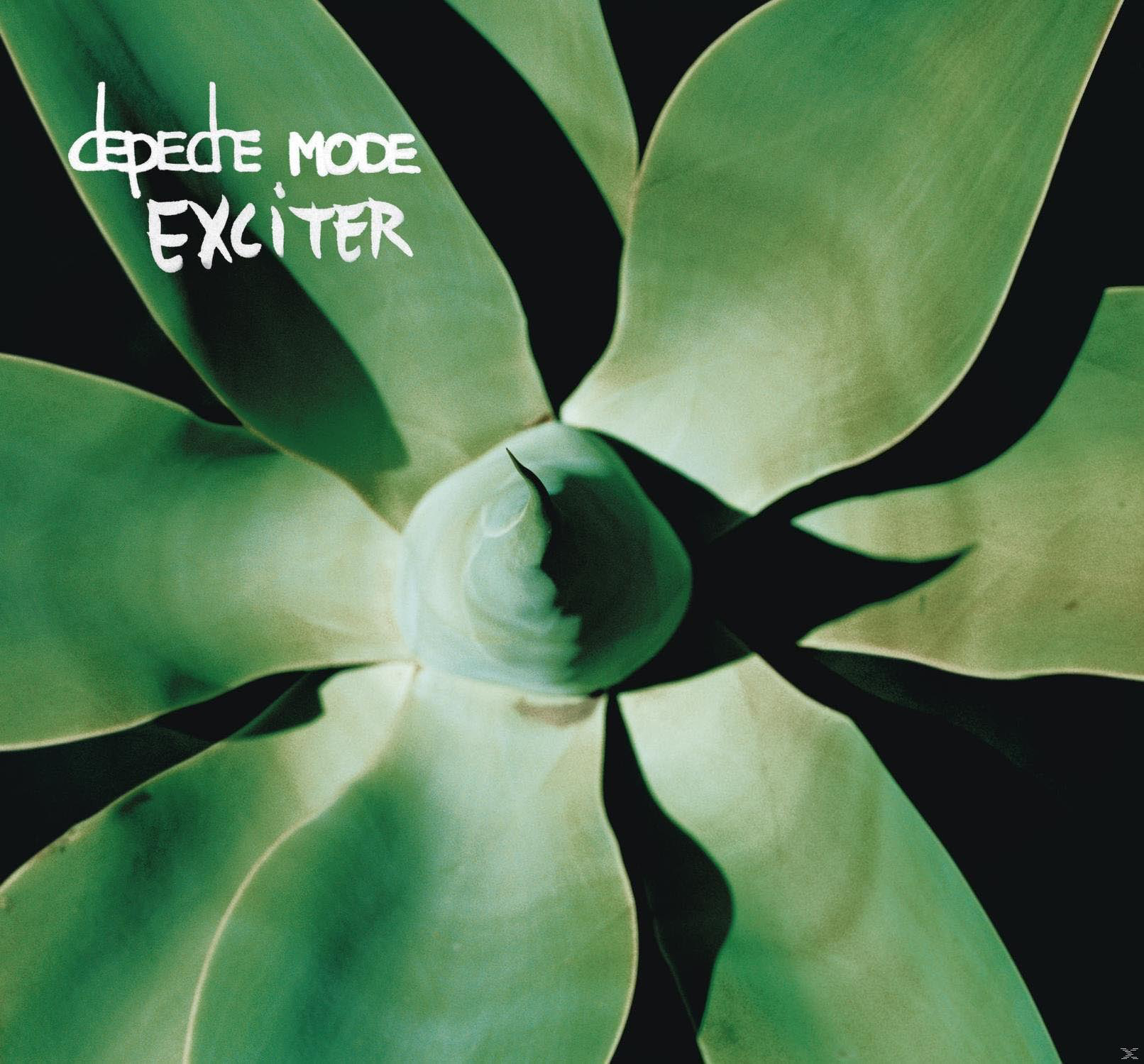 Albumcover: Depeche Mode, Exciter. Grüne, pflanzenartige Form vor dunklem Hintergrund.