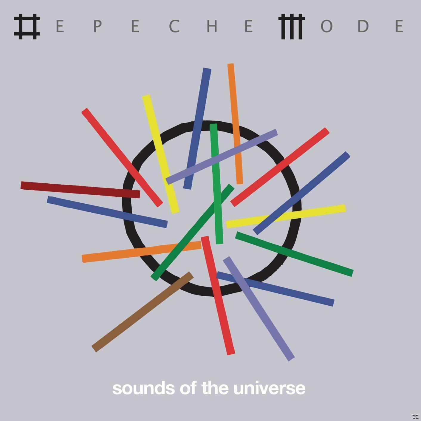 Albumcover mit bunten Linien um einen schwarzen Kreis. Text sagt 'Depeche Mode Sounds of the Universe'.