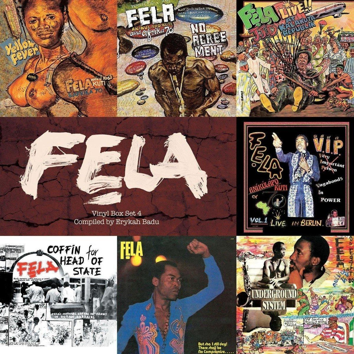 Sammlung von Fela Kuti-Albumcovern mit Porträts und Album-Art. Cover in verschiedenen Stilen und Farben.