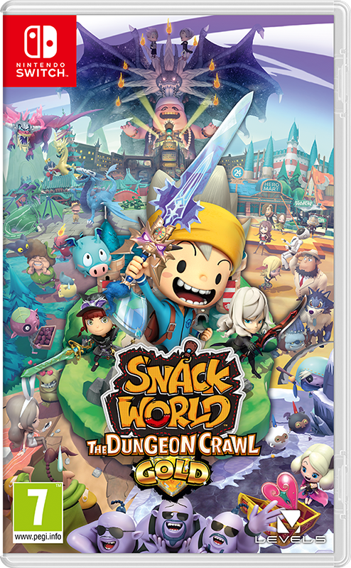 Omslag van "Snack World: The Dungeon Crawl Gold". Cartoonfiguren in een fantasiewereld, met een groot zwaard en logo.