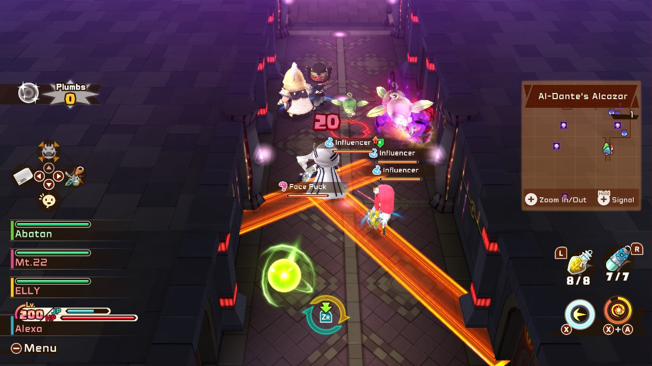 Een videogame scène met vechtende personages. Het personage van de speler heeft roze haar en staat tegenover vijanden. Gezondheidsbalken en een minimap zijn zichtbaar.
