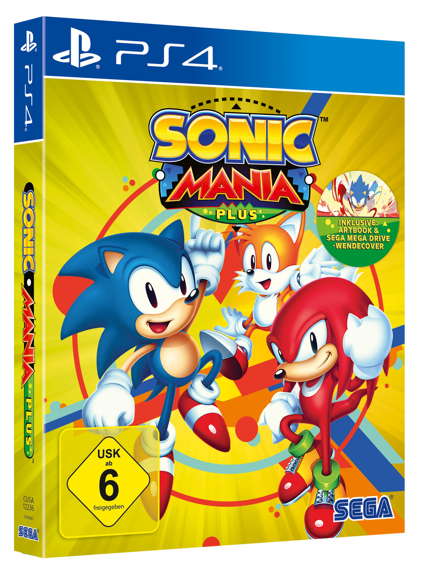 Sonic Mania Plus Spielbox. Enthält Sonic, Tails und Knuckles. Gelber Hintergrund mit Charakteren.