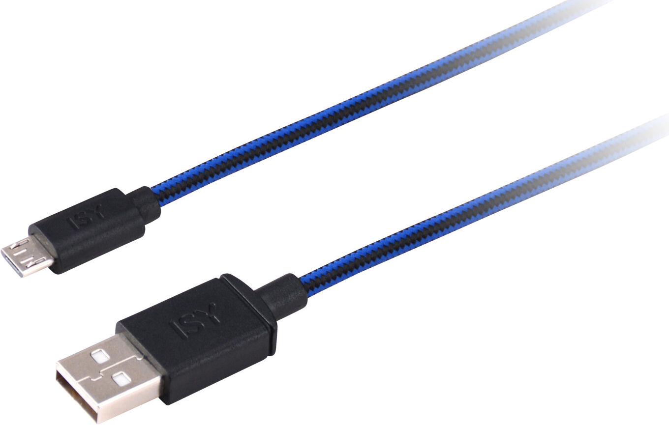 Câble de chargement USB avec design tressé bleu et noir et deux connecteurs noirs.