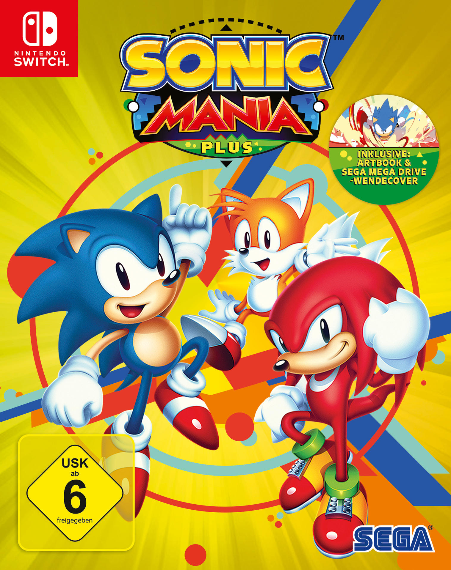 Sonic Mania Plus Spielcover mit Sonic, Tails und Knuckles auf gelbem Hintergrund.