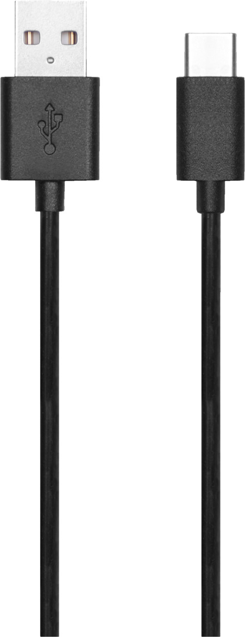Due cavi USB neri, uno USB-A e uno USB-C, su sfondo bianco.