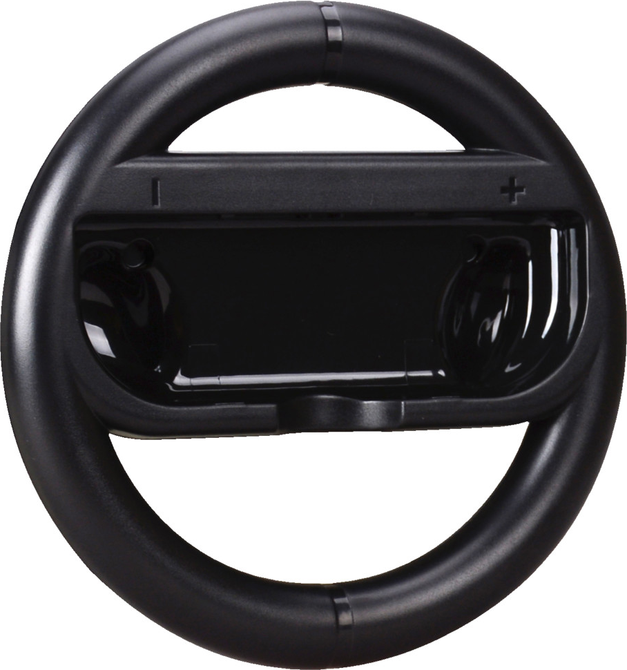 Accessorio volante nero per console di gioco, circolare con impugnature.