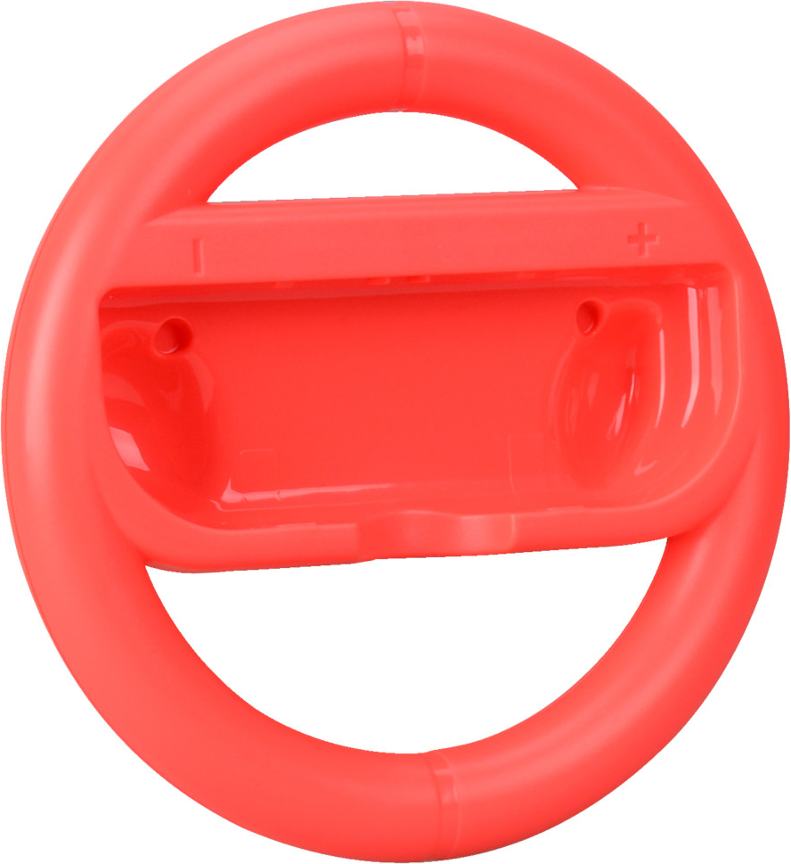 Controller a volante rosso per console di videogiochi. Forma circolare con fori.
