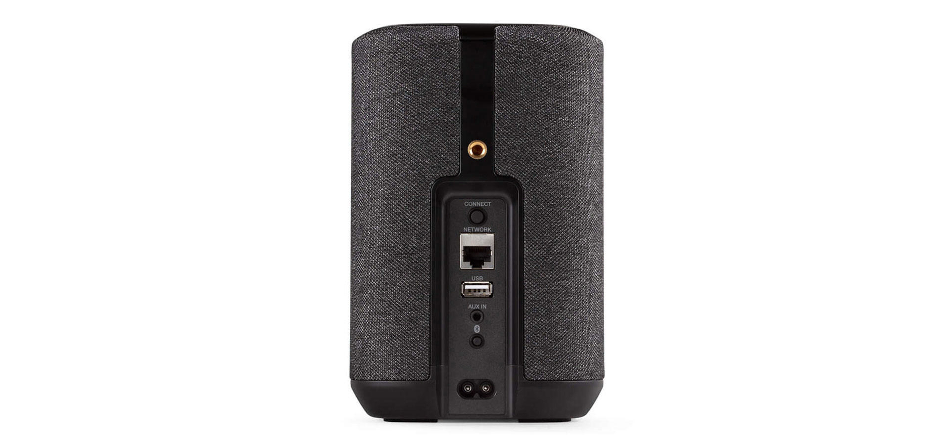 Rückseite eines schwarzen Lautsprechers mit Anschlüssen für USB, AUX IN und Netzwerk auf weißem Hintergrund.