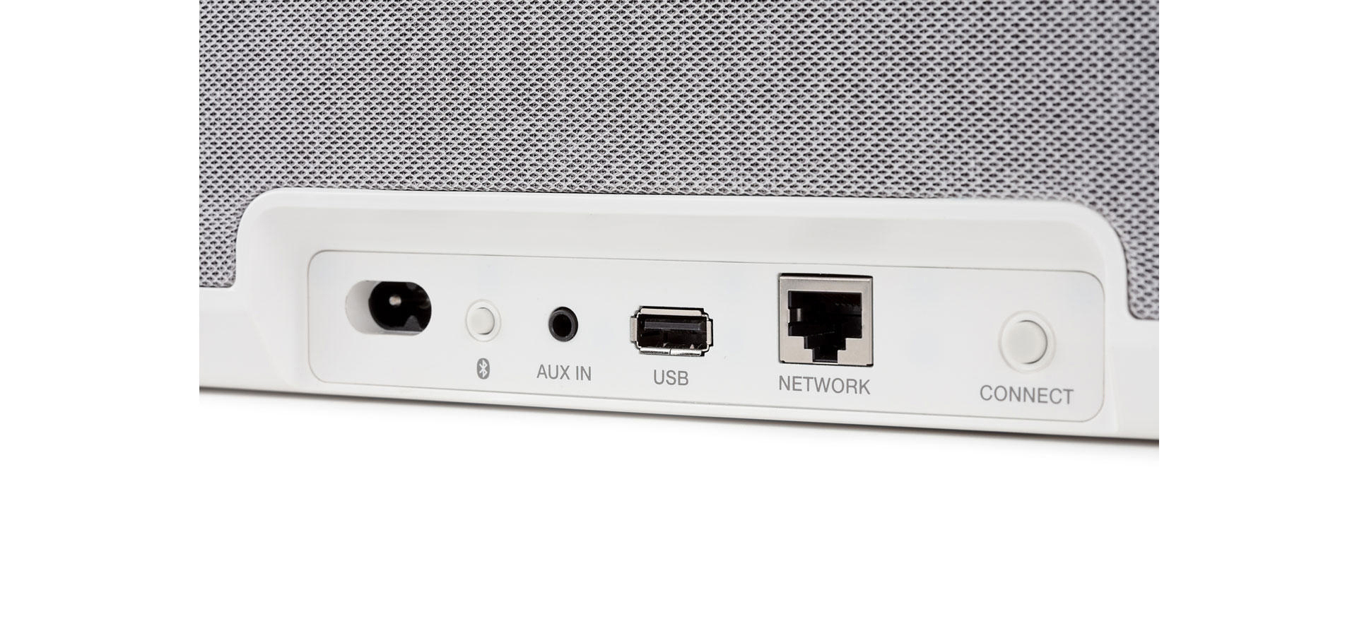 Weiße Lautsprecherrückseite mit Eingangsanschlüssen: Strom, Bluetooth, Aux-in, USB, Netzwerk und Verbinden.