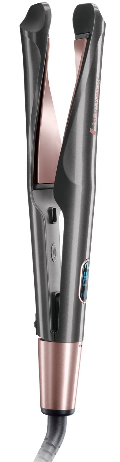 Gray hair straightener with rose gold plates, open. Black background.