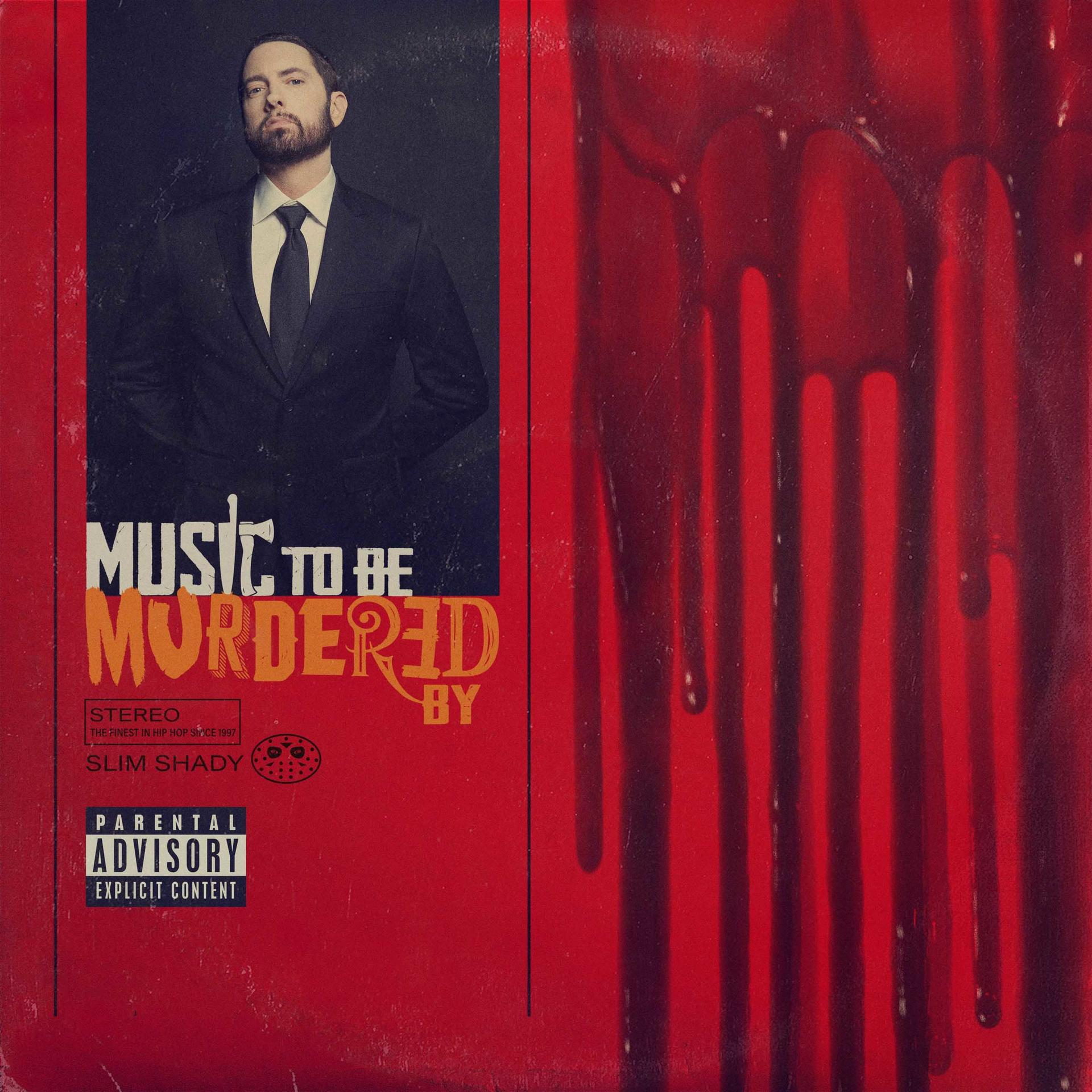 Album borító Eminem-mel öltönyben. Cím: Music to be Murdered by.