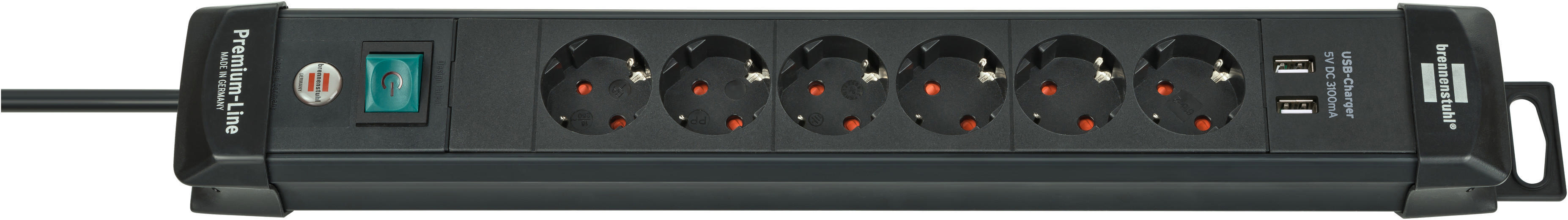 Schwarze Steckdosenleiste mit sechs Steckdosen und einem grünen Einschalter. USB-Anschlüsse sind seitlich.