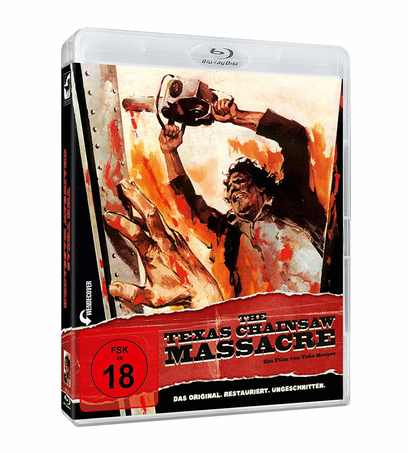The Texas Chainsaw Massacre Blu-ray-Hülle. Ein Mann mit einer Kettensäge ist auf dem Cover.