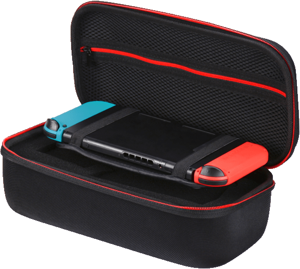 Custodia per il trasporto Nintendo Switch nera e rossa, aperta, con la console Switch all'interno.