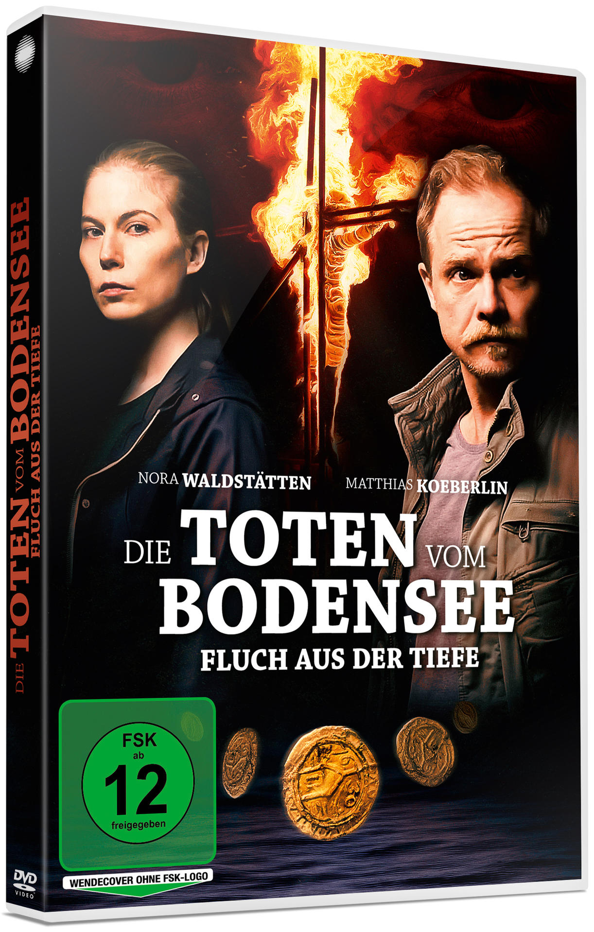DVD-Cover. Zwei Personen sind abgebildet. Text: Die Toten vom Bodensee. Dunkler Hintergrund mit Feuer.