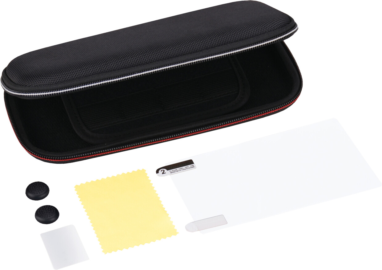 Custodia nera aperta con accessori per una console di gioco.