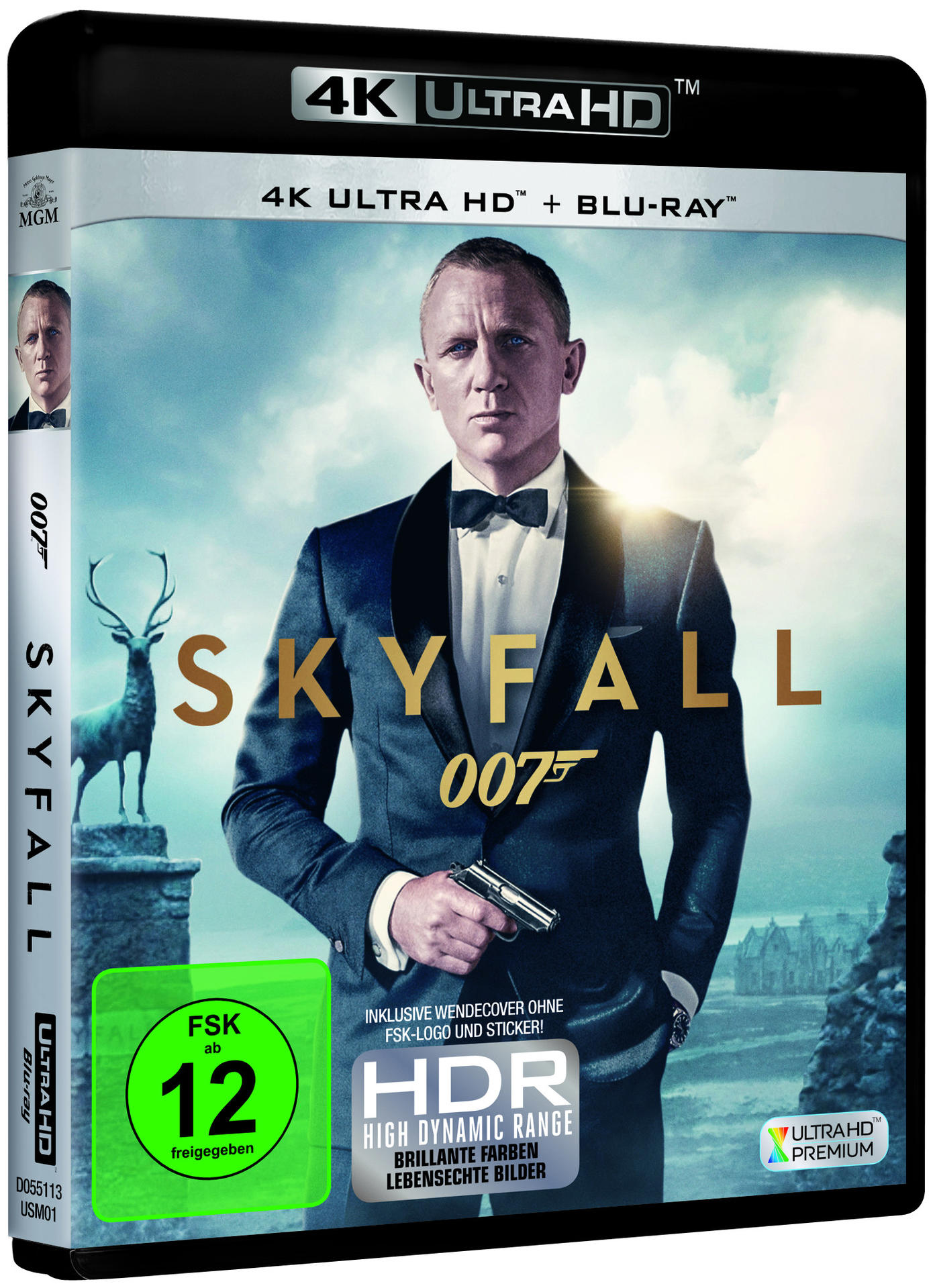 James Bond in Skyfall 4K UHD Blu-ray Hülle mit Daniel Craig und Hirsch.