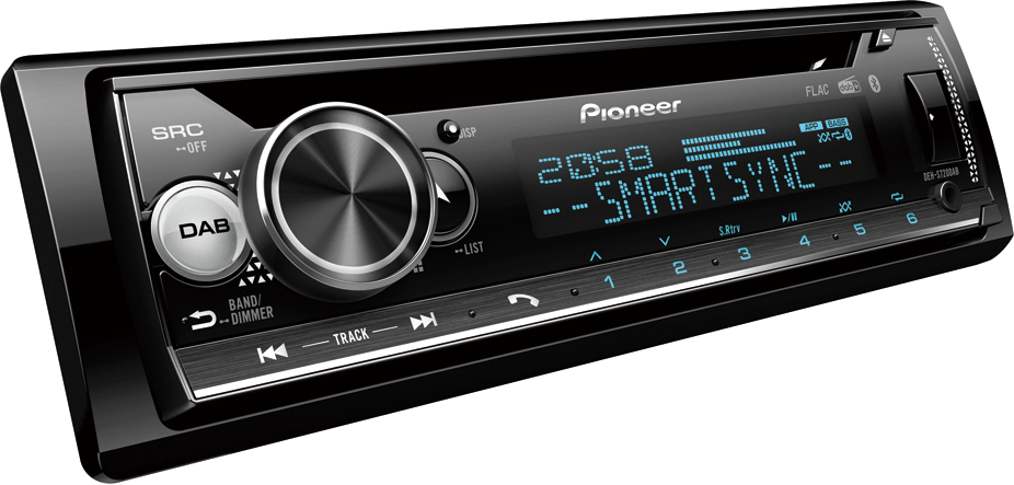 Autoradio Pioneer avec écran et boutons. Schéma de couleurs noir et argent.