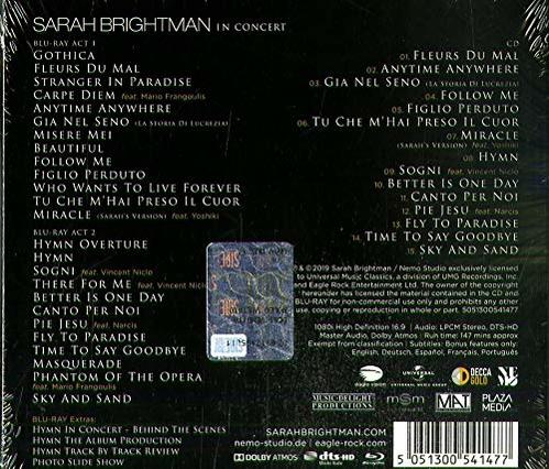 CD-Rückseite mit Trackliste für Sarah Brightmans Konzert, einschließlich Blu-ray-Informationen.