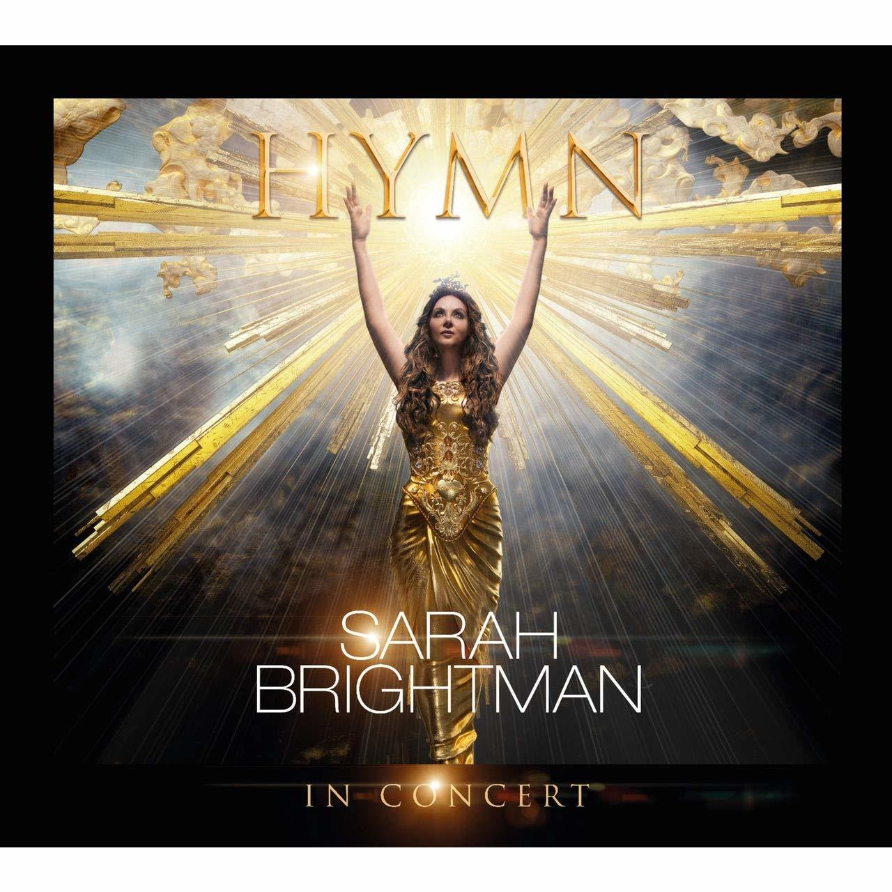 Albumcover mit Sarah Brightman. Text: HYMN, Sarah Brightman, In Concert, goldener Hintergrund.