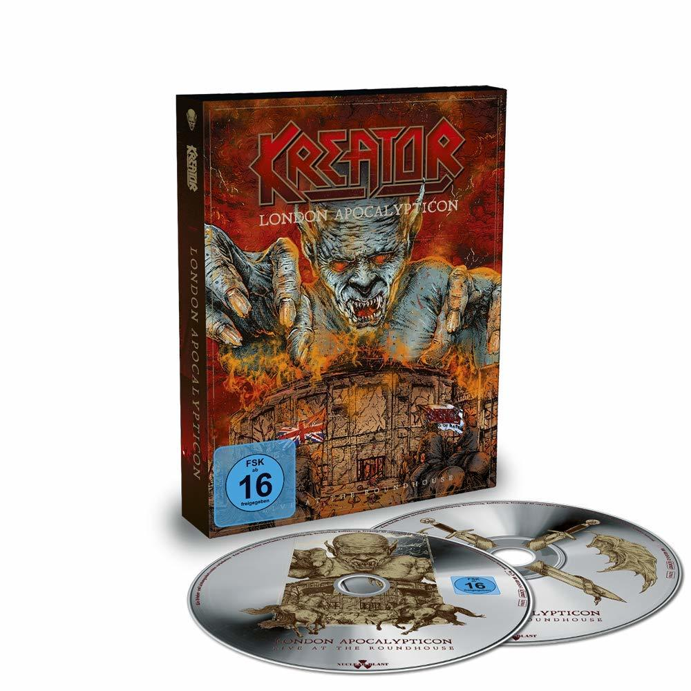 Kreator London Apocalypticon Blu-ray Cover. Dämon, Flammen und Bandlogo auf schwarzem Hintergrund.