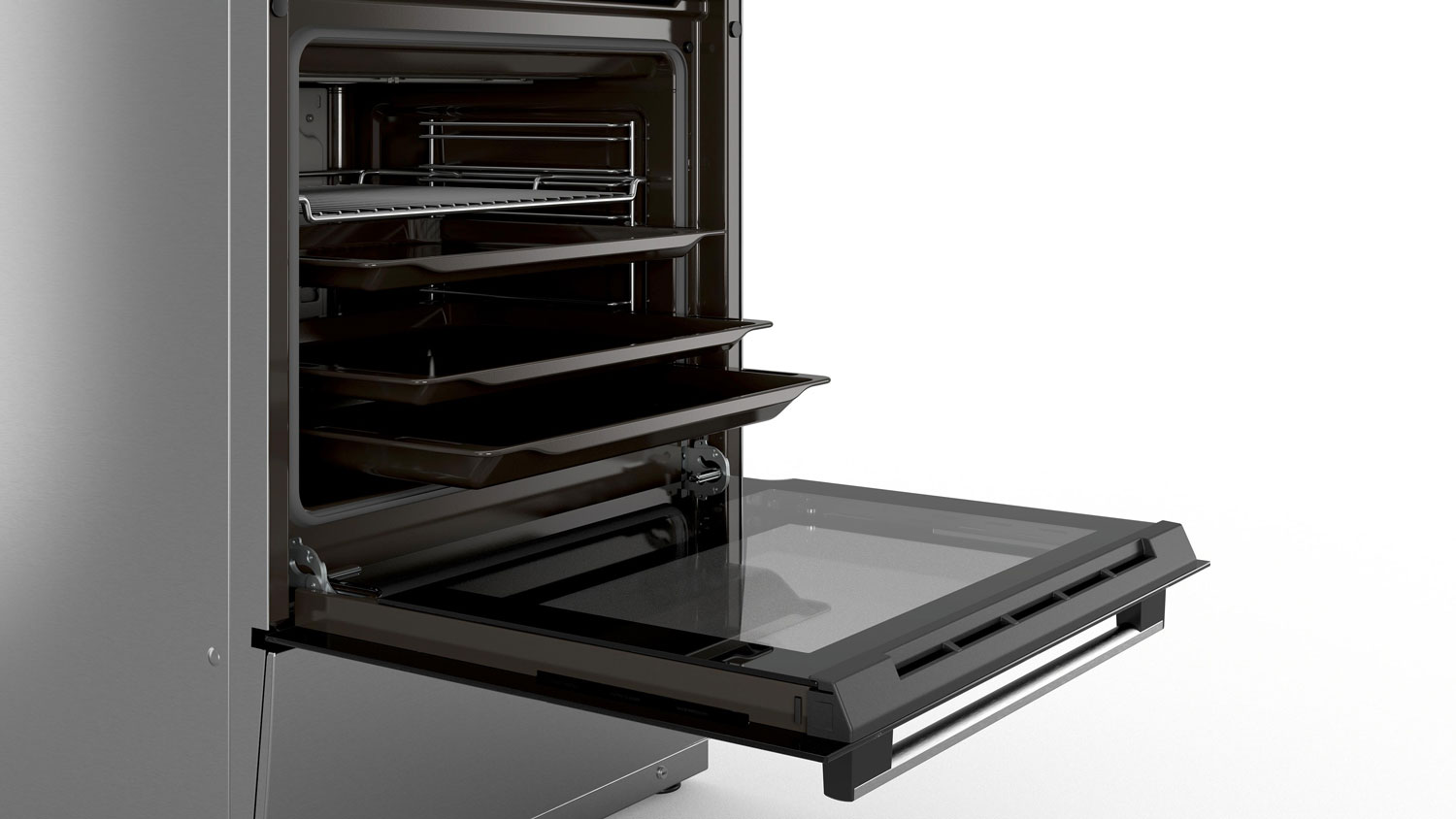 Open oven met glazen deur en rekken. Zwarte bakplaten binnen, roestvrij staal buiten.