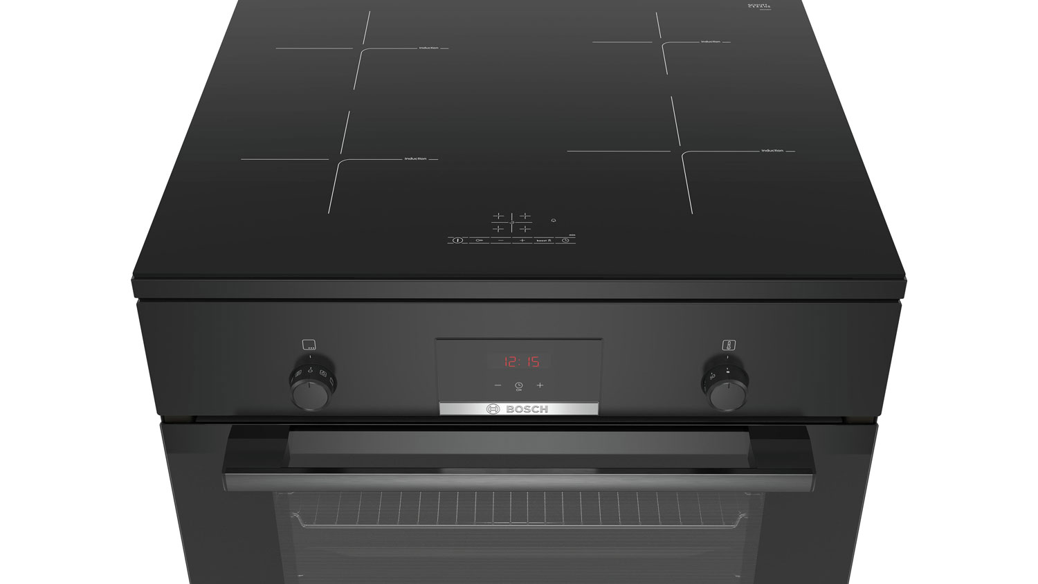 Zwarte Bosch oven en inductiekookplaat. Oven heeft een display, knoppen en handgreep.