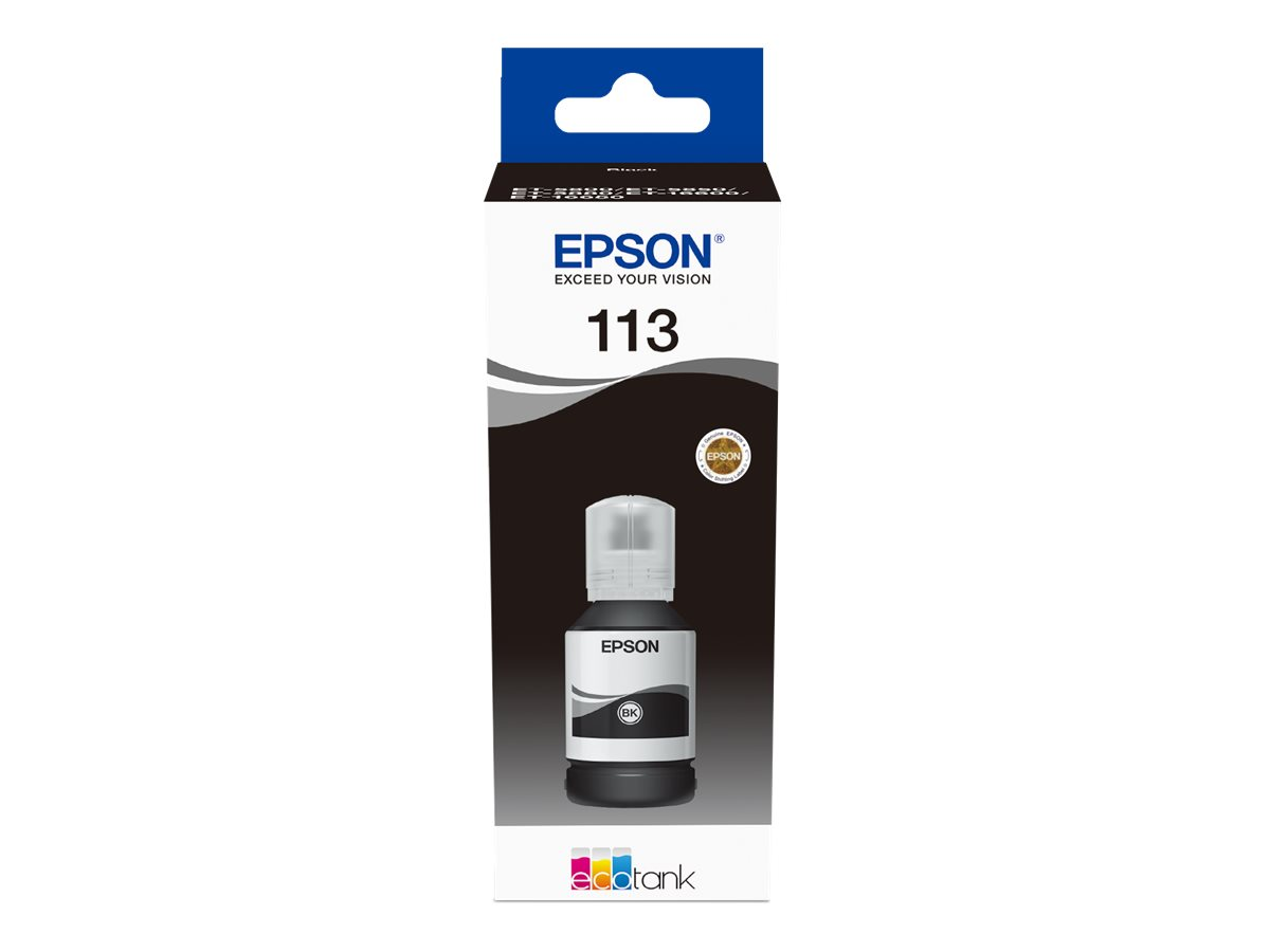 Schwarze Epson-Tintenflasche in einer schwarz-weißen Box.