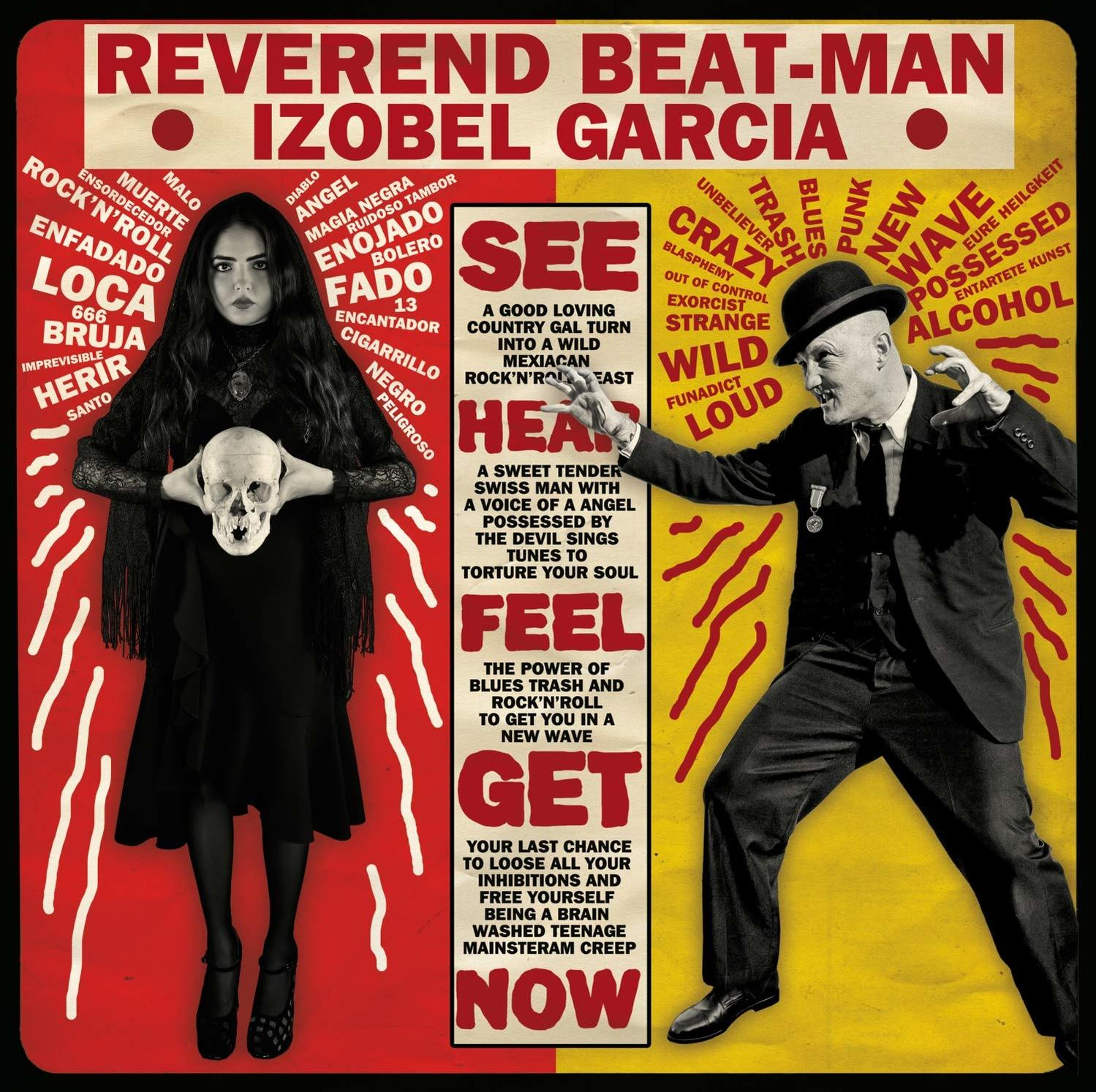 Albumcover mit Totenkopf, Text: REVEREND BEAT-MAN, IZOBEL GARCIA.
