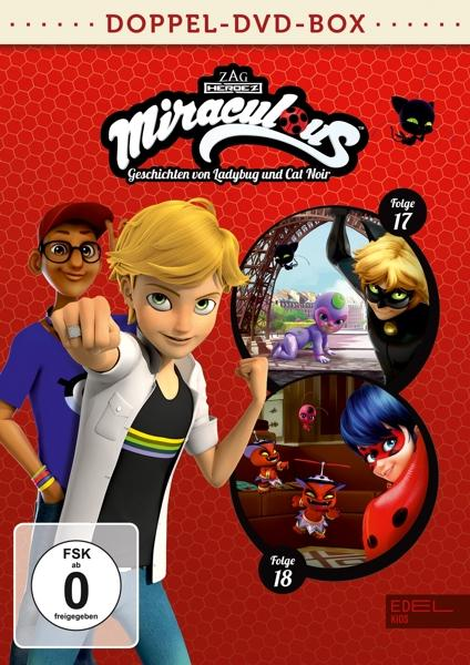DVD-Cover: Miraculous Ladybug Charaktere in farbenfrohem Design. Cartoon-Stil.