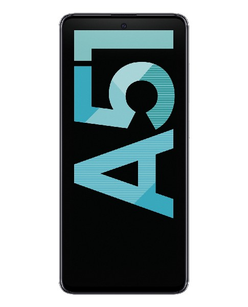 Un teléfono negro con una pantalla grande que muestra el texto "A51" en azul, sobre un fondo negro.