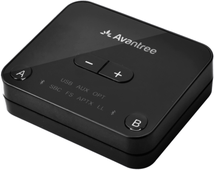 Appareil Bluetooth Avantree noir. Deux boutons sur le dessus étiquetés A et B. Boutons plus et moins.