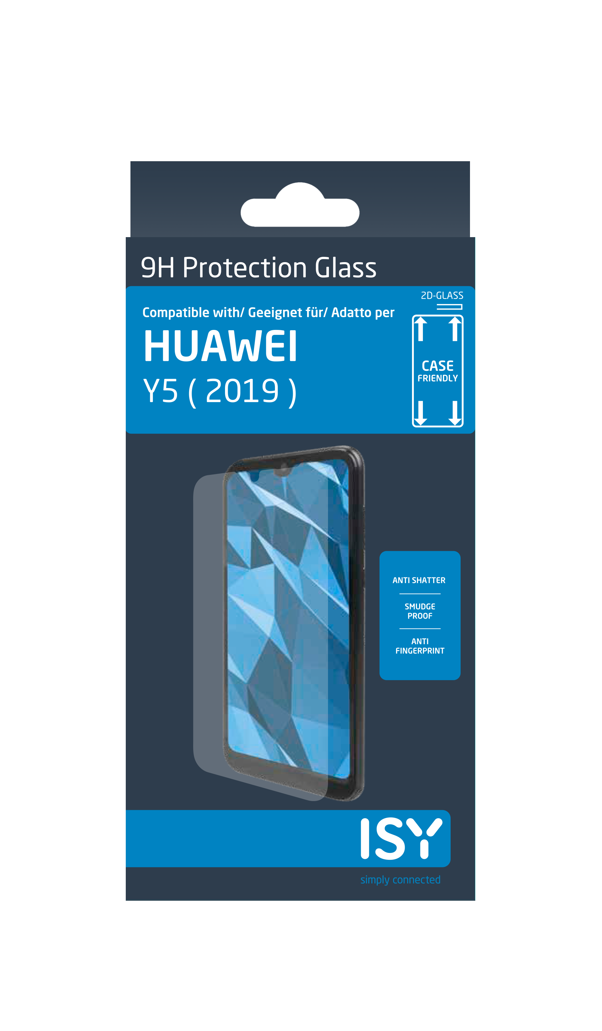 Verpackung für Displayschutzfolie, schwarz und blau, Telefonbild, Text.