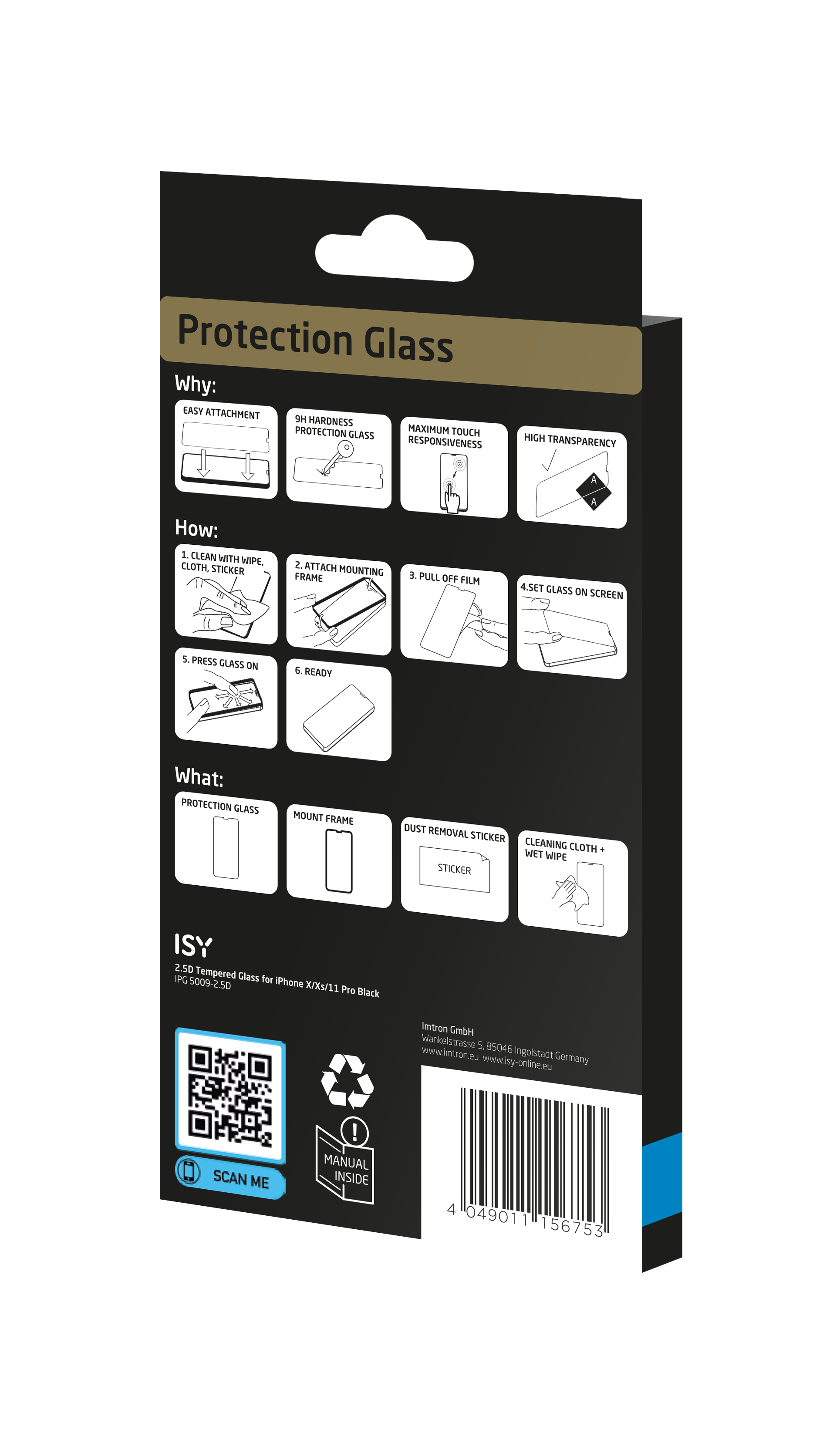 Schwarze Box mit Anweisungen für Displayschutzglas, detaillierte Diagramme.