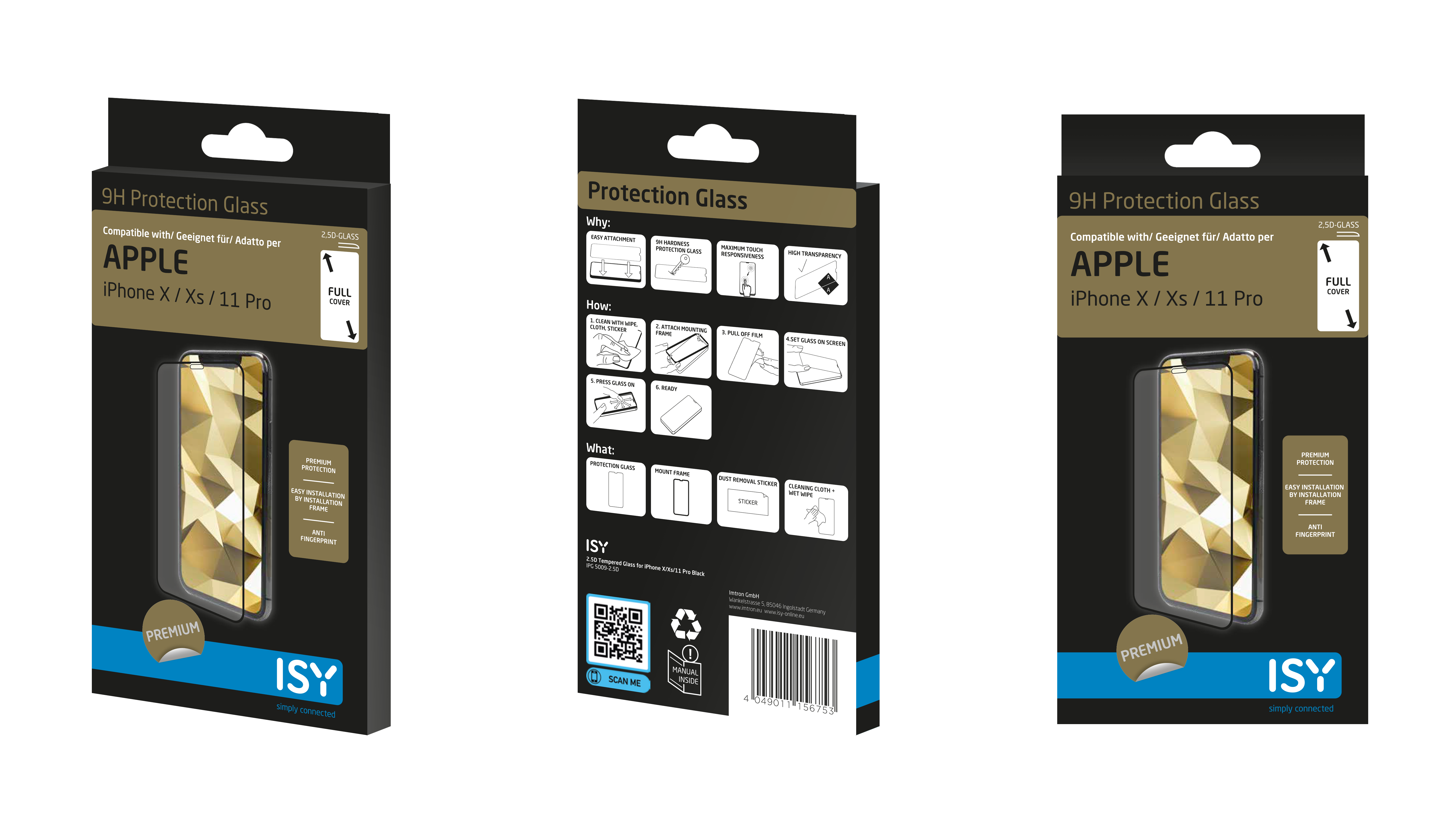 Drei identische Schachteln mit Displayschutzfolien für ein Apple iPhone.
