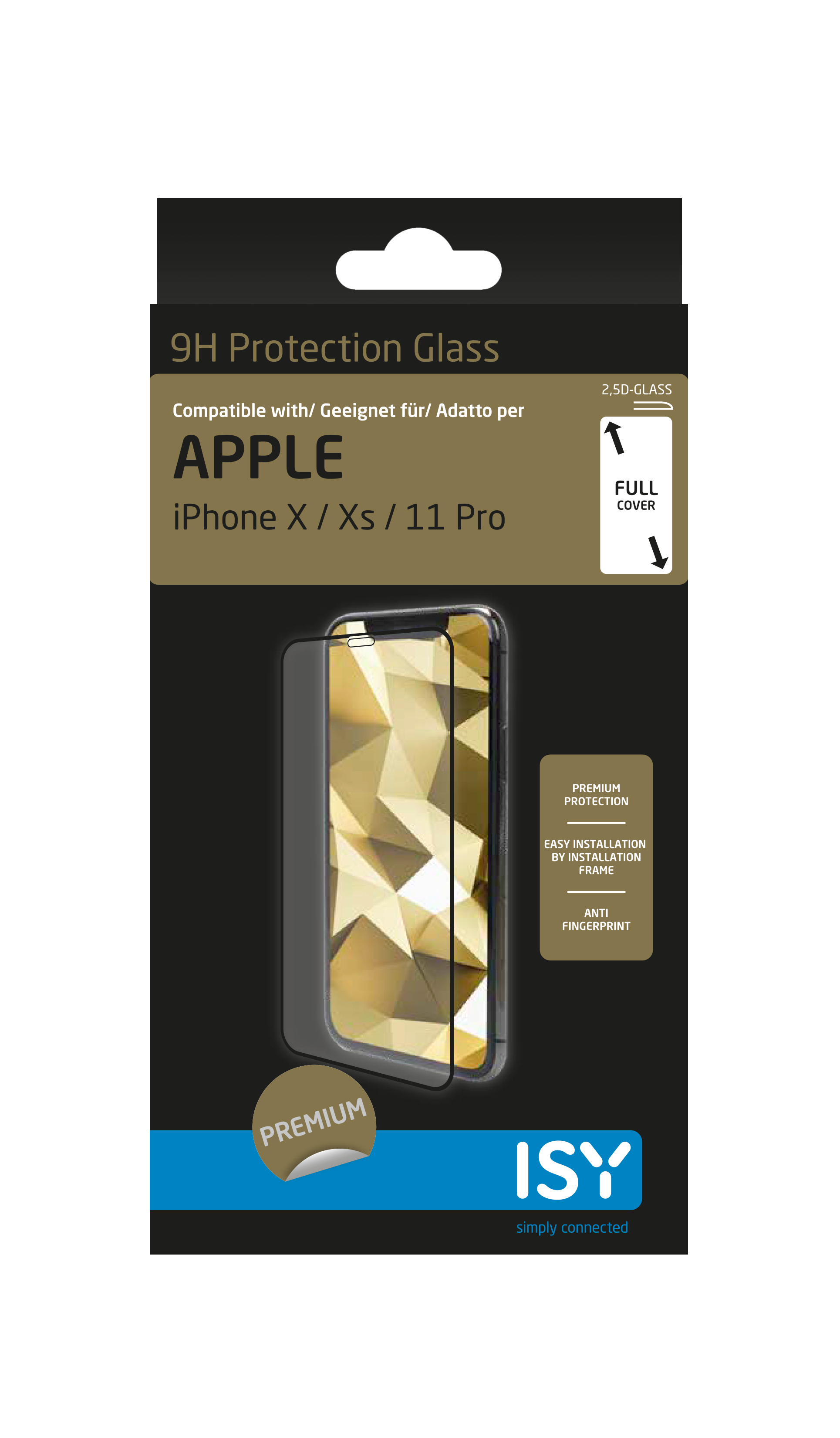 iPhone-Displayschutzbox. Schwarze Box, Telefonbild und Text: ISY, 9H Protection Glass.