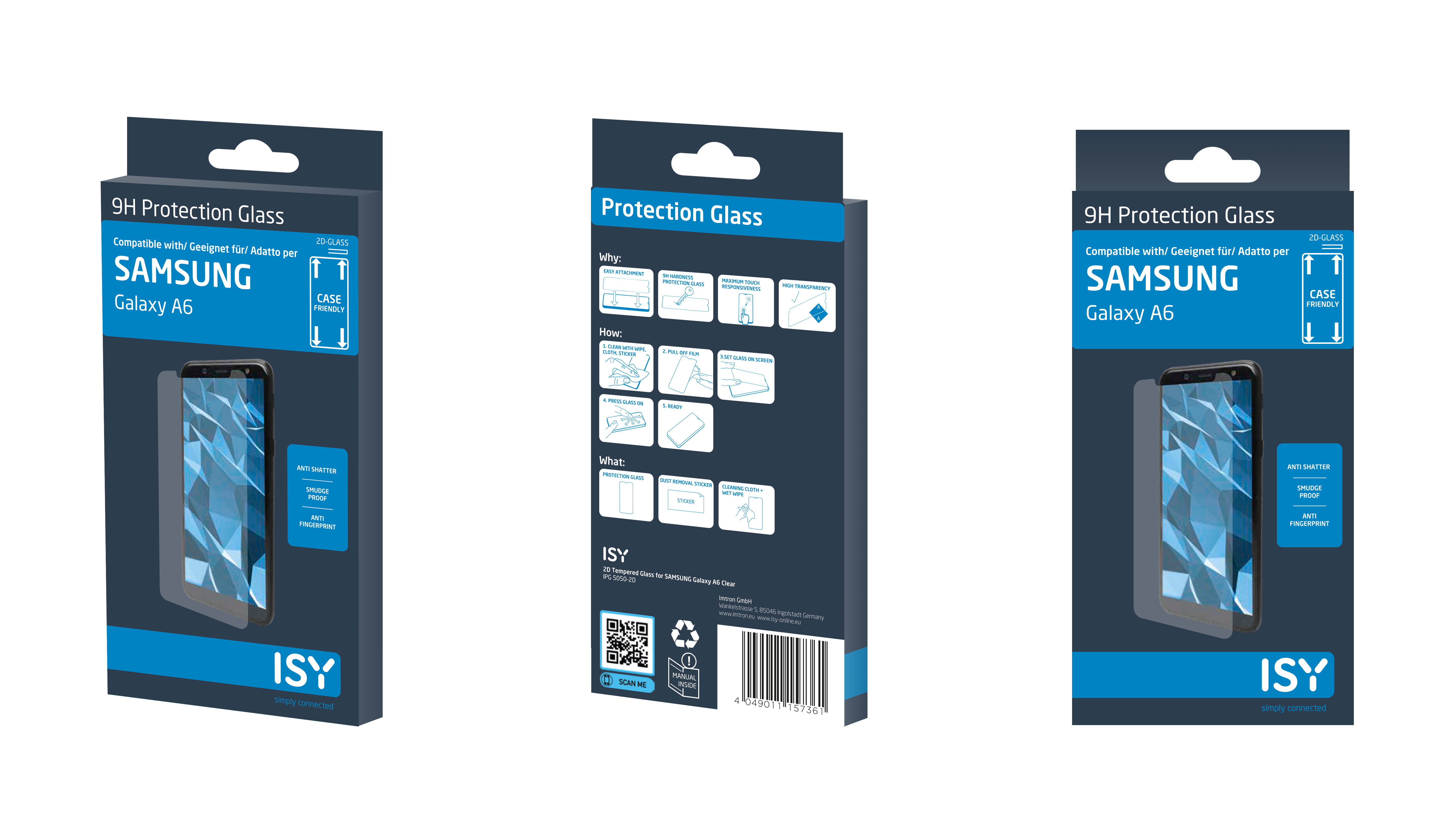 Drei Verpackungen für Displayschutzfolien, mit Telefonbild und Text.