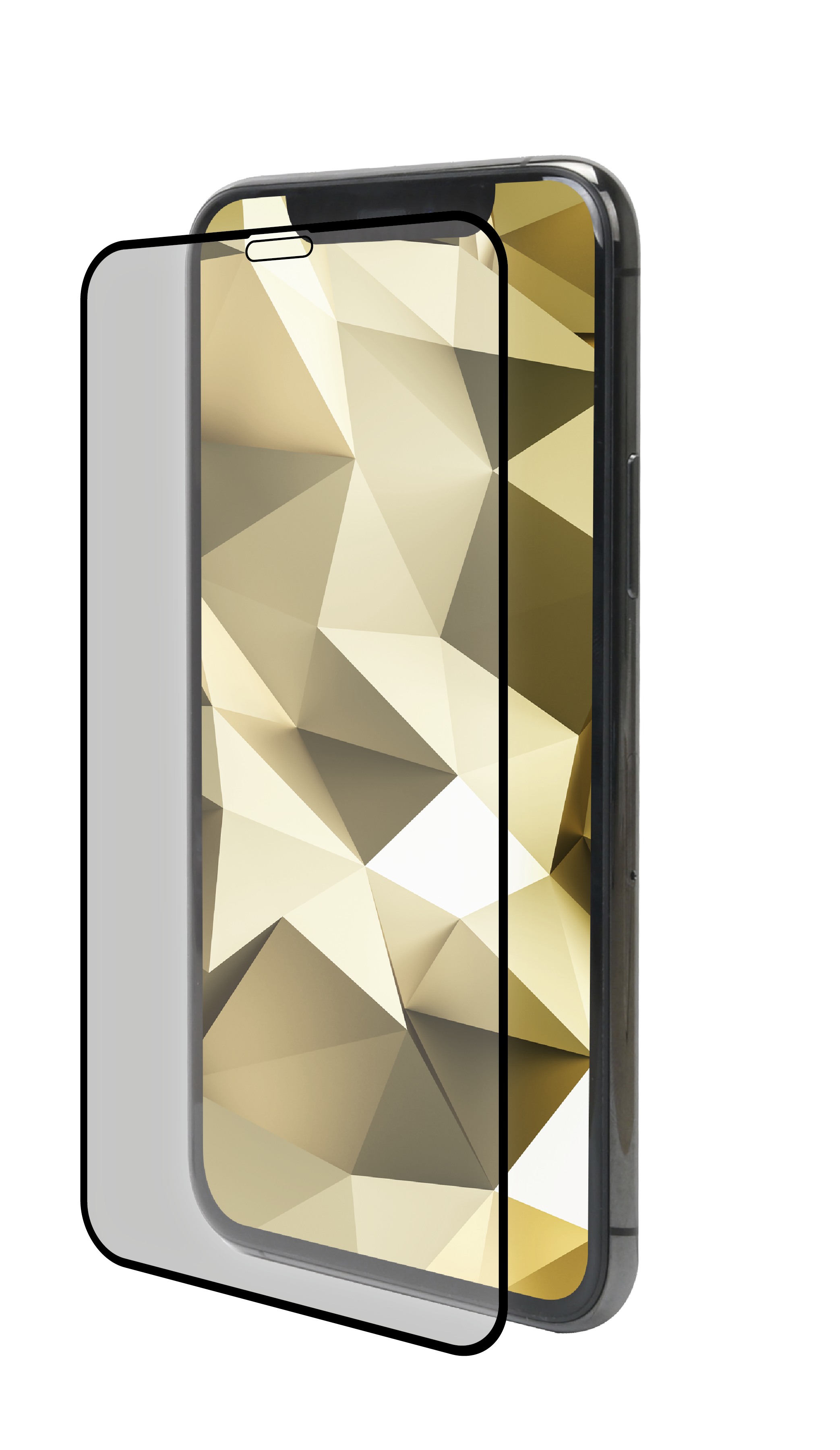 Telefon mit Displayschutz, goldener Hintergrund. Telefonschirm zeigt ein gold abstraktes Muster.