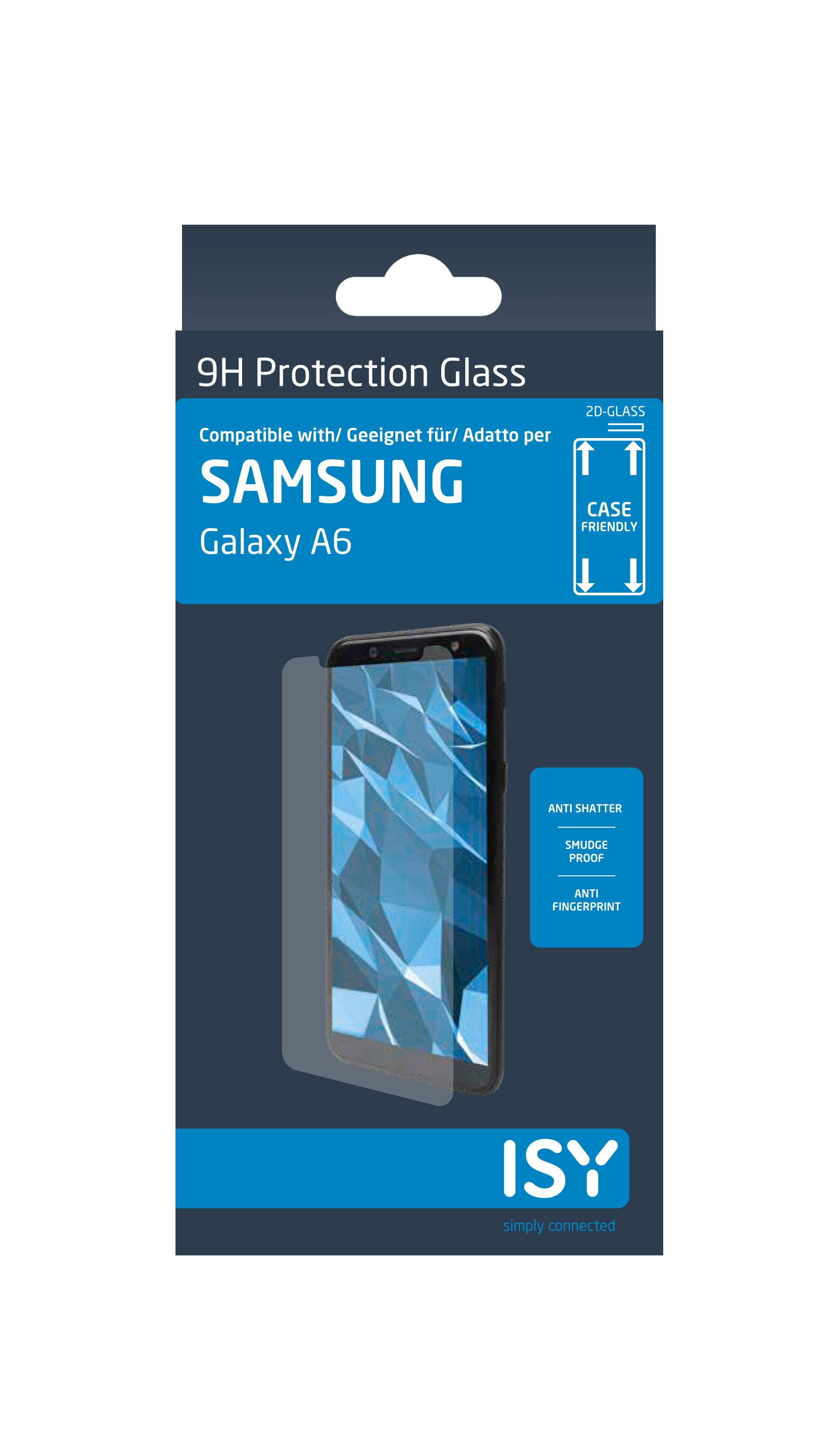 Ein Smartphone-Displayschutz in einer Verpackung. Das Telefon ist ein Samsung Galaxy A6.