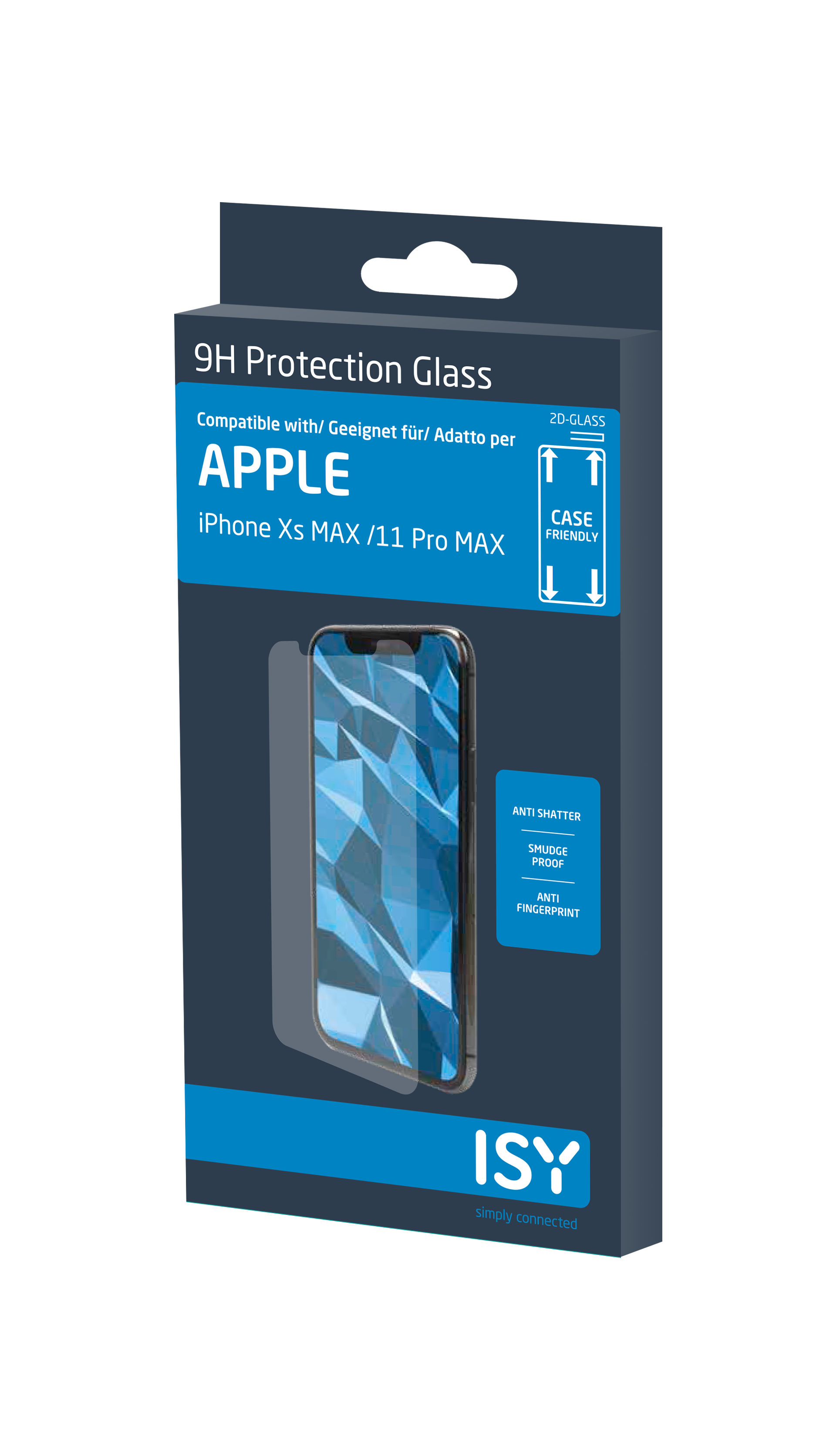 ISY 2.5D Schutzglas für iPhone Xs Max / 11 Pro Max, Vorderansicht, Telefonbild.